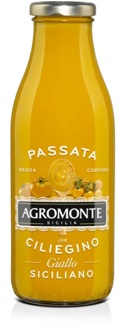 Bottiglia in vetro di passata di pomodoro e ciliegino giallo Agromonte, formato 520 g