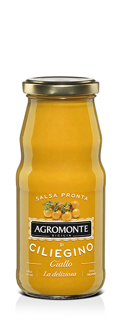 Bottiglia in vetro di salsa pronta di pomodoro ciliegino giallo Agromonte, formato 360 g