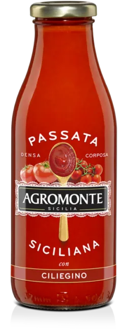 Bottiglia in vetro di passata di pomodoro e ciliegino Agromonte, formato 520 g