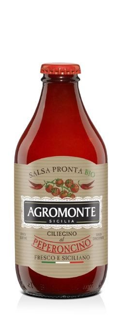 Confezione di salsa di ciliegino al peperoncino bio Agromonte, formato 330 g