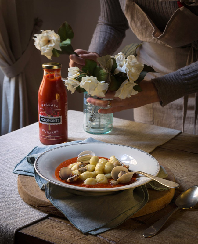 Ricetta di casa Agromonte: Gnocchi di patate con vongole e ciliegino